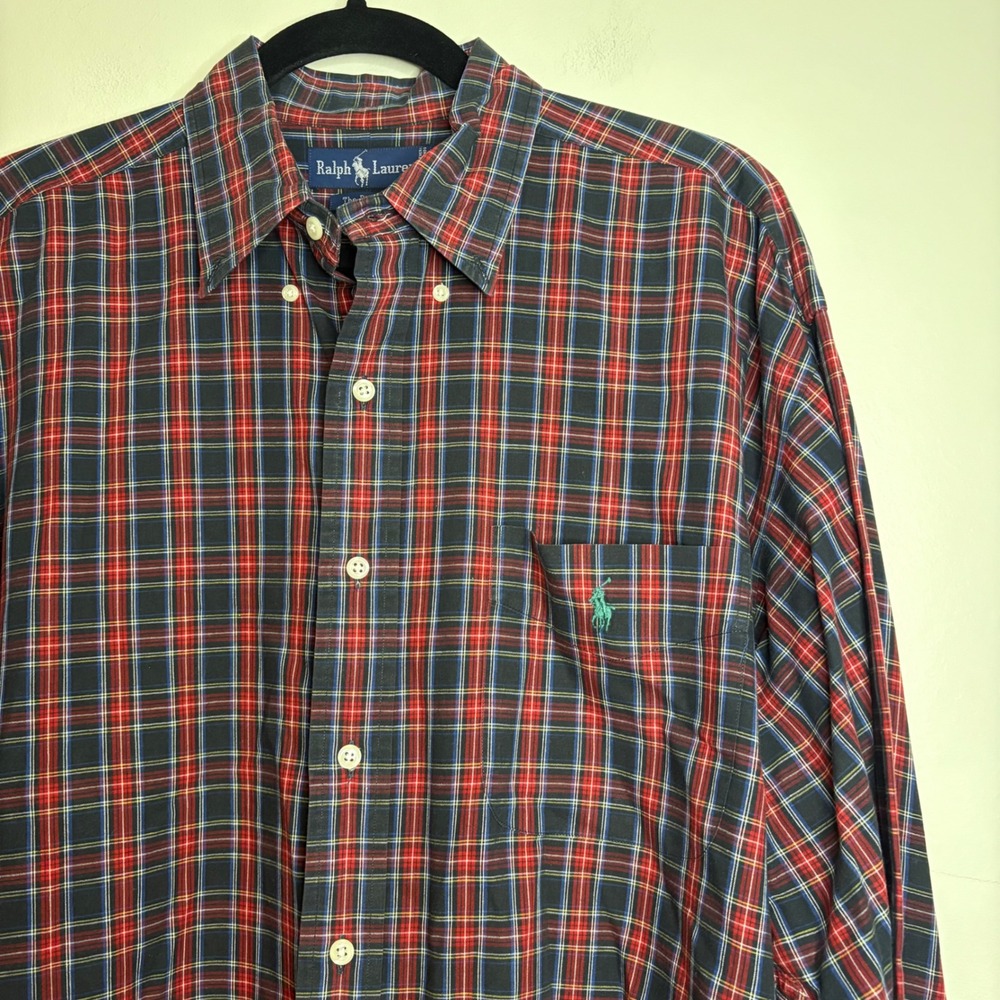 Ralph Lauren The Big Shirt L Red Navy Plaid Long Sleeve Cotton Button Down  Prep